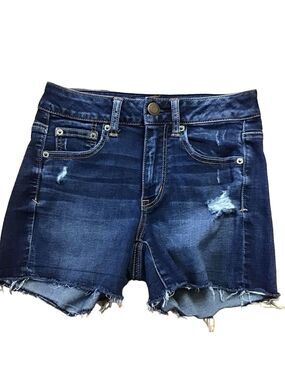 Aeo high-rise shortie distressed shorts size 2 stretchy ripped dark blue denim